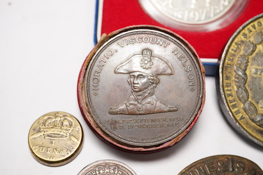 British coins and commemorative medals, a group, including James II Irish gun money shilling, Nov. 1689, good fine, a Foudroyant. Lord Nelson’s flagship commemorative medal, 1897, struck from copper of vessel after break